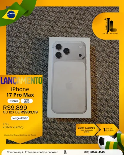 IPHONE 17 PRO MAX, 512GB, CHIP ESIM, SILVER (PRATA), LACRADO, LANÇAMENTO!