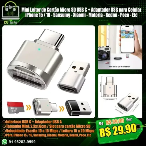 Mini Leitor de Cartão Micro SD USB C + Adaptador USB A para Celular