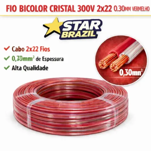 FIO BICOLOR CRISTAL 300V 2X22 0,30MM VERMELHO STAR BRAZIL