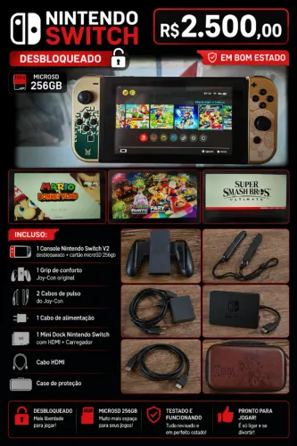 Nintendo Switch V2 Desbloqueado, Edição especial Zelda, SD 256gb