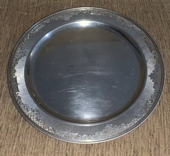 bandeja em aço inoxidável vintage adornos nas laterais circunferência 39cm