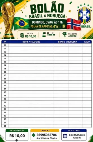 Bolão jogo do Brasil e Noruega
