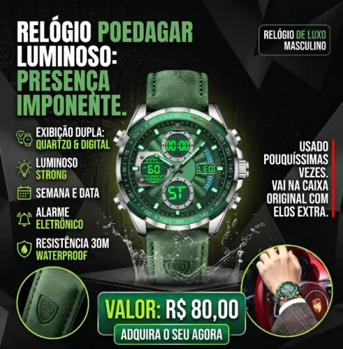 Relógio Masculino POEDAGAR Luxo - LED / Dupla Exibição (Verde) + Caixa Original