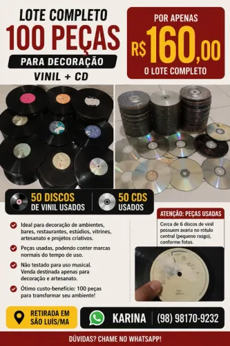 LOTE COMPLETO 100 PEÇAS PARA DECORAÇÃO (VINIL + CDs)