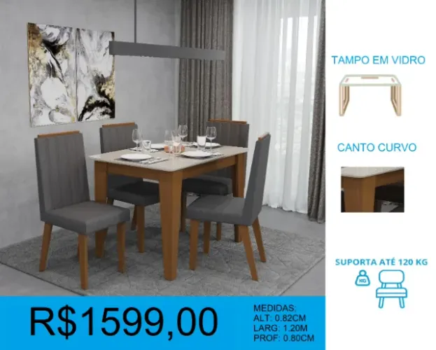 Mesa com 4 cadeiras tampo em vidro - parcelamos sem juros