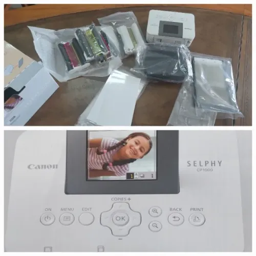 impressora Canon com cartuchos extras e papel fotográfico