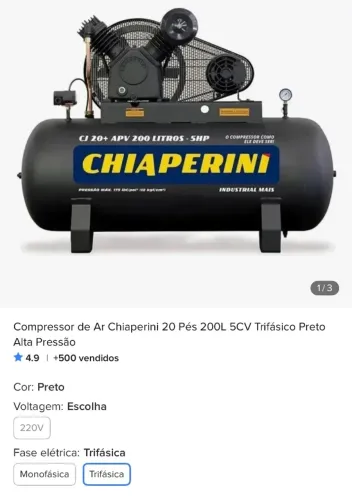 Compressor de Ar Chiaperini 20 Pés 200L 5CV Trifásico Preto Alta Pressao