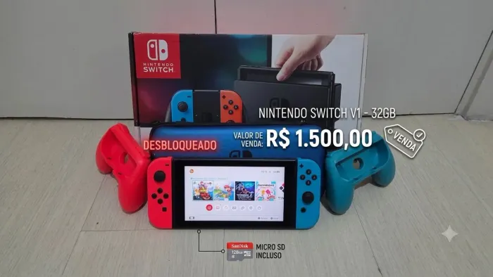 Nintendo switch v1 desbloqueado 32gb com cartão micro sd de 128gb.