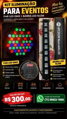 ? KIT DE ILUMINAÇÃO PARA EVENTOS ? Par LED DMX + Barra LED 9×3W