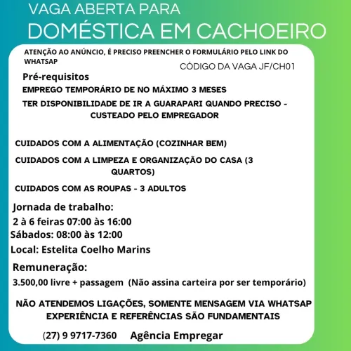 VAGA PARA DOMÉSTICA DISPONÍVEL