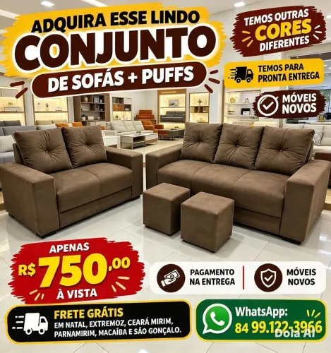Sofás lindos + puffs a venda, novos e de qualidade, frete gratuito.