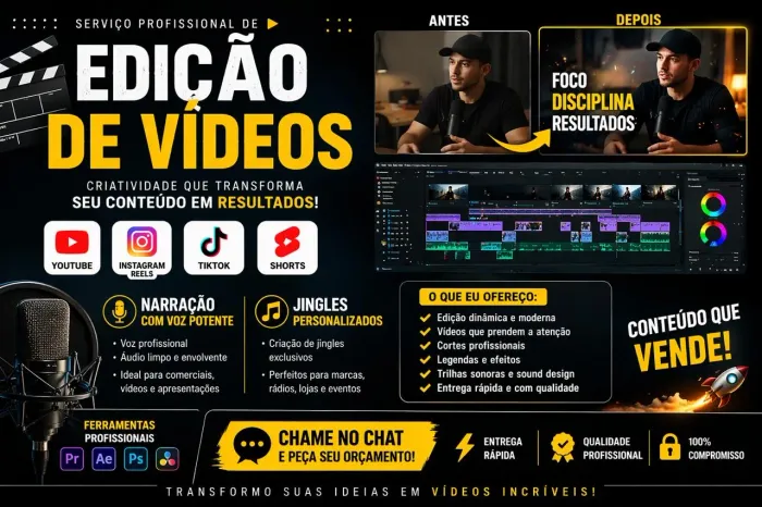 Editor de Vídeo Profissional | Shorts, Reels, YouTube + Voz e Jingles