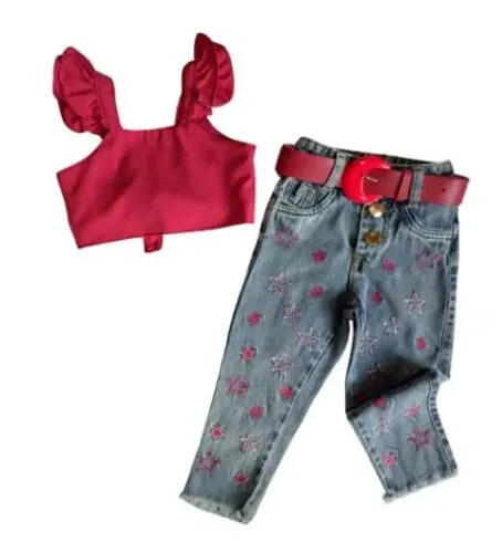 Conjunto menina com calça jeans bordada _ look completo novo