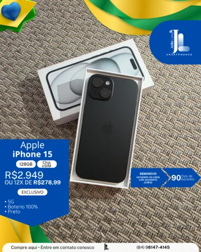 IPHONE 15, 5G, 128GB, CHIP ESIM, PRETO, SEMINOVO , EXCLUSIVO!