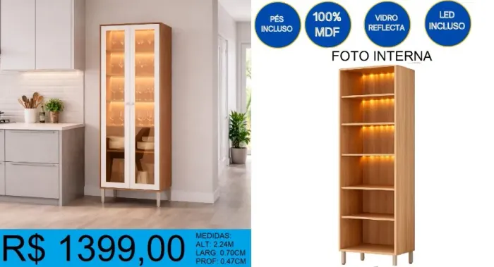 CRISTALEIRA - COM LED- VIDRO REFLECTA -100%MDF=TEMOS PRONTA ENTREGA