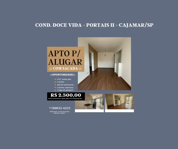 Apto para alugar em Cajamar/SP, condomínio Doce Vida, por 2.300,00, 47m², 2 dorms, sacada