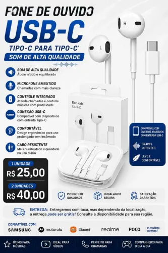 Fone de Ouvido Tipo C USB-C Branco com Som de Alta Qualidade - Dudu Cell