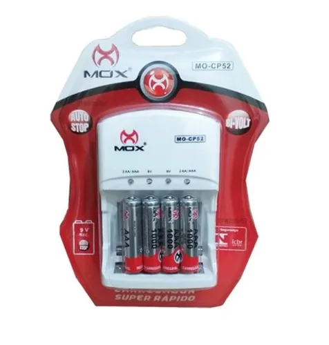 Carregador De Pilhas + 4 Pilhas 1000Mah Bivolt Auto Stop Mox-Cp52