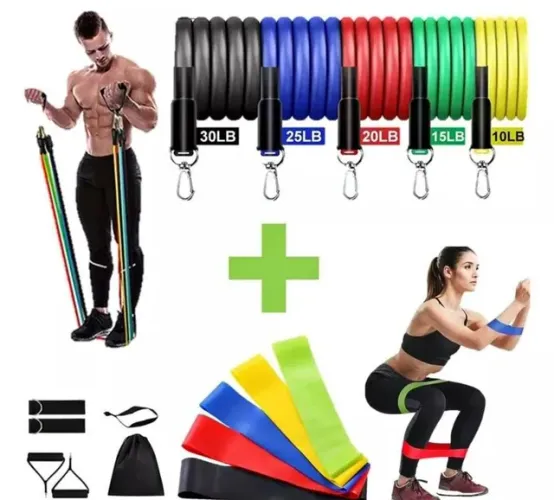 Kit Elástico Extensor 11 pçs + Mini Band faixas 
