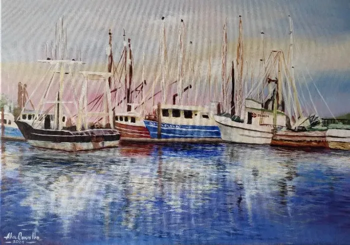 Quadro pintado a mão - Barcos Descansando no Porto