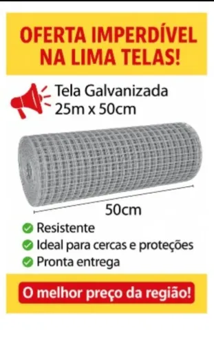 Rolo de Tela Galvanizada 25m x 50cm - Pronta entrega