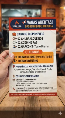 VAGAS DISPONIVEIS : CHURRASQUEIROS GARÇONS E COZINHEIRAS