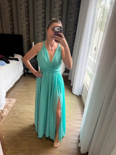 Vestido festa longo verde água