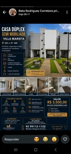 ALUGO / CASA DUPLEX NA PONTA NEGRA / VILA MARIETA / 2 SUÍTES / 3500+CAUÇÃO .