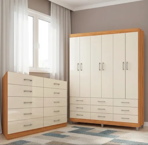 Guarda-Roupa Casal Solaris 6 Portas com Cômoda Ampla 10 Gavetas Cinamomo Off White