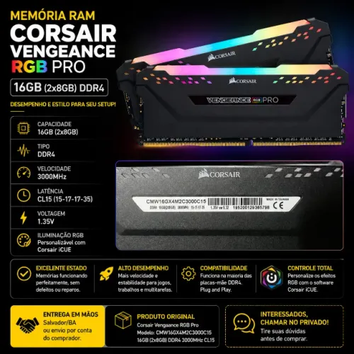 Memória RAM Corsair Vengeance RGB Pro 16GB (2x8GB) DDR4 3000MHz CL15