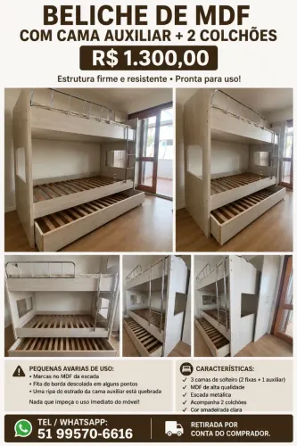 Beliche de MDF com Cama Auxiliar + 2 colchões