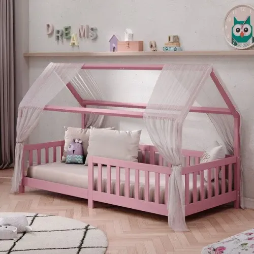 Cama Infantil Montessoriana Casa Madeira Com Estrado Nina - Rosa