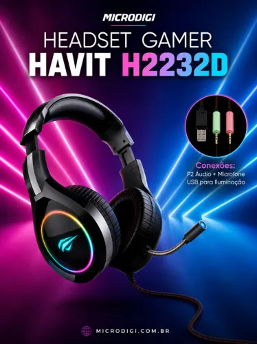 Headset Gamer USB e P2 (lacrado!) Havit H2232D, RGB, , Drivers 50mm, Preto