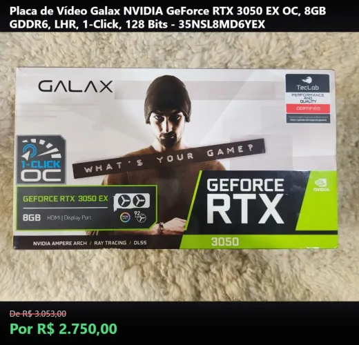 Placa de vídeo Galax NVIDIA GeForce RTX 3050 EX OC, 8GB GDDR6, LHR, 1-Clik 128 Bits