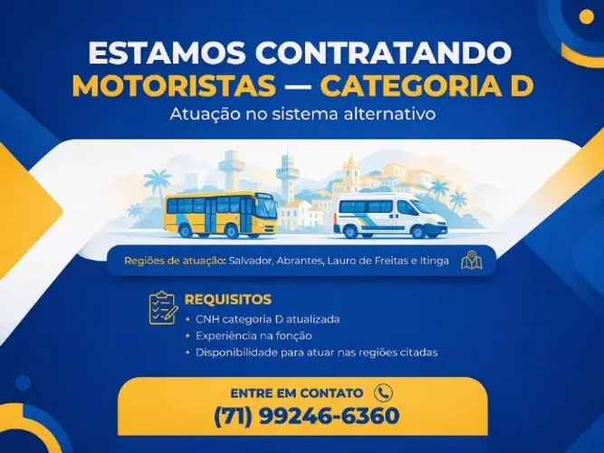 Precisa-se de Motorista Sistema Alternativo - Operar Salvador/Lauro de Freitas - Categoria