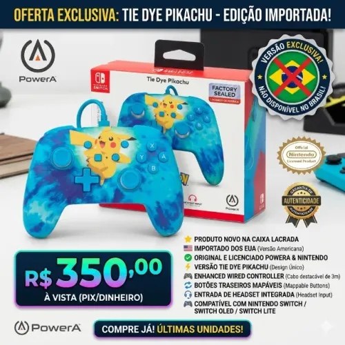 Controle Nintendo Switch modelo Tie Dye Pikachu PowerA original raro