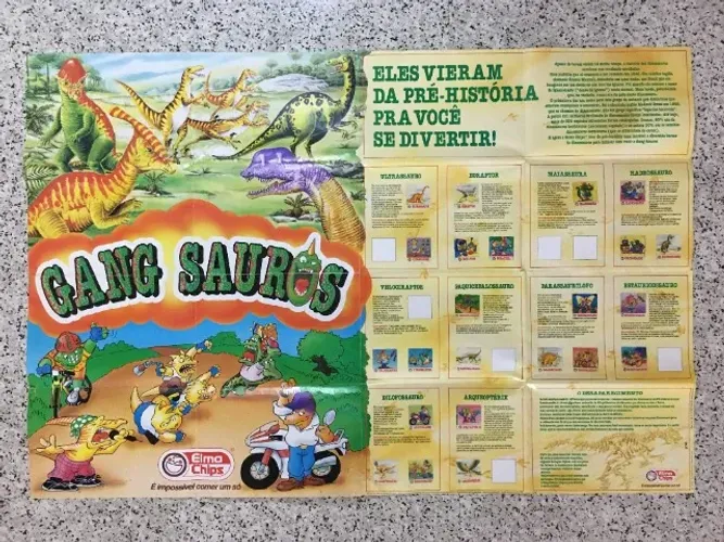 Raro Super-pôster Gang Sauros Coleção Elma Chips 1993 com 23 Figurinhas e a Capa Roxa