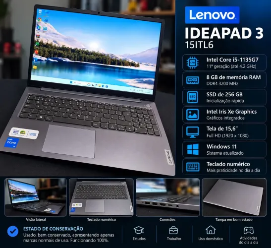 NOTEBOOK LENOVO IDEAPAD 3 ? CORE i5 11ª GERAÇÃO - 8GB DDR4 - SSD 256 - BATERIA BOA