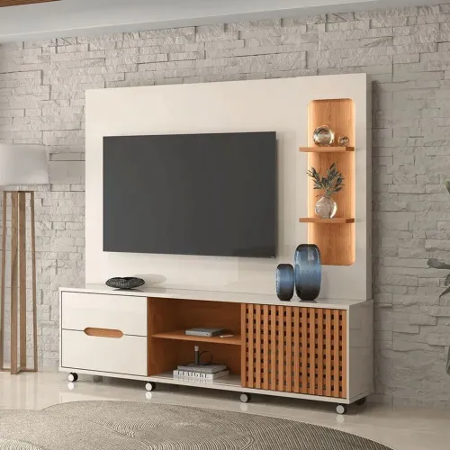 Estante Home Brise para TV até 75 Polegadas Lukaliam Off White New com Jequitibá