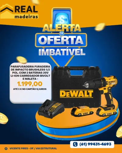 PARAFUSADEIRA/FURADEIRA 1/2? (13 mm) 20V MAX* LI-ION BRUSHLESS 2 BATERIAS 2AH, CARREGADOR 