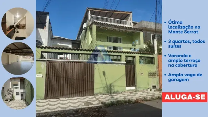 Casa ampla com 3 suítes para locação em Monte Serrat | Varanda, terraço e 1 vagas