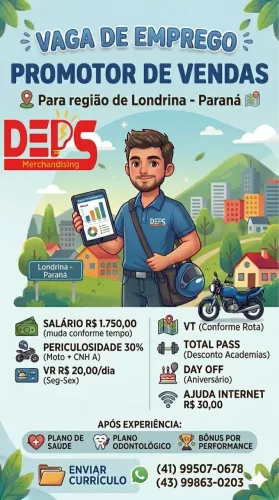 Promotor de vendas para Londrina e regiões de Curitiba PR