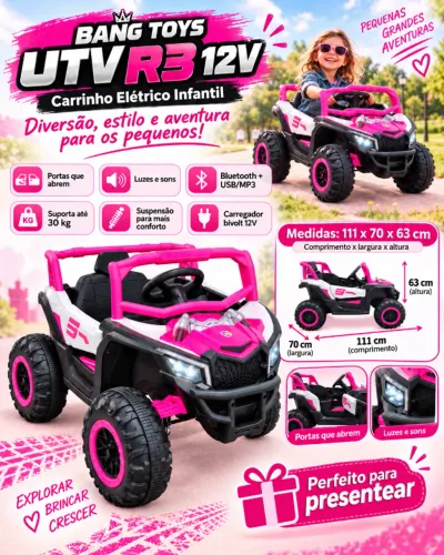 Carrinho Elétrico Infantil UTV R3 12V - Luzes, Sons, Bluetooth, Suporta 30kg - Lacrado