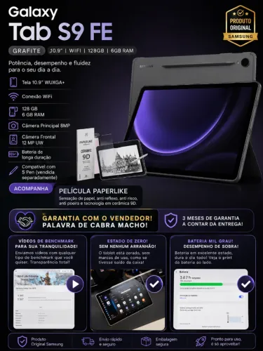 Galaxy Tab S9 FE, Grafite, 10.9", Wifi, 128 GB, 6 GB RAM, Câmera Principal 8MP