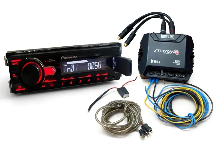 KIT Som Automotivo Pioneer + Módulo Stetsom Iron Line IR400.4 400W + Chicotes-Só Instalar!