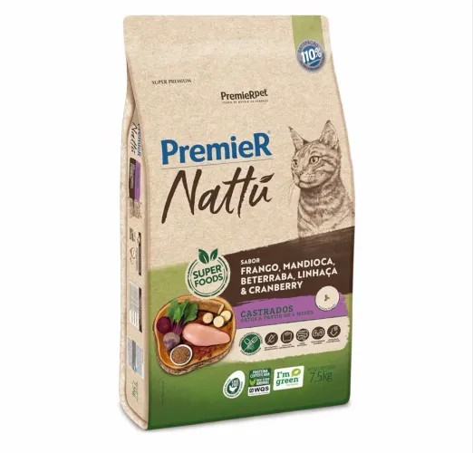 PremieRpet Nattu Gatos Adultos Castrados Mandioca 7.5Kg Ração Alimento