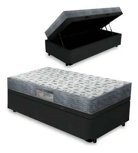 Cama de Solteiro Base Baú Preto Ébano + Colchão Ortobom Premium