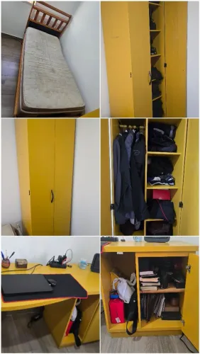 Conjunto de Quarto Amarelo: Cama e Escrivaninha de Madeira Maciça + Armário + colchão