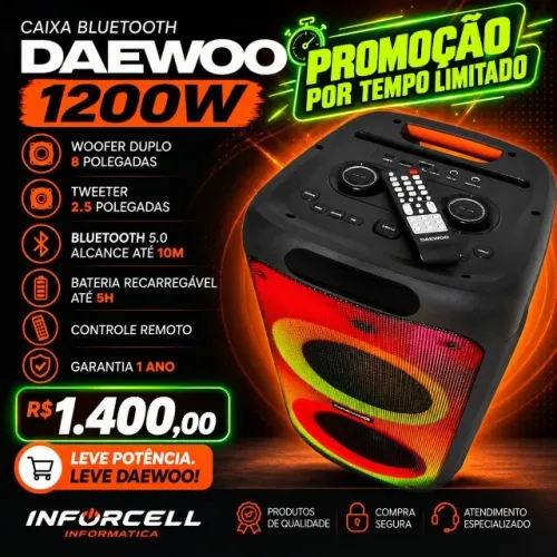 Caixa Bluetooth Daewoo 1200W Bateria Recarregável