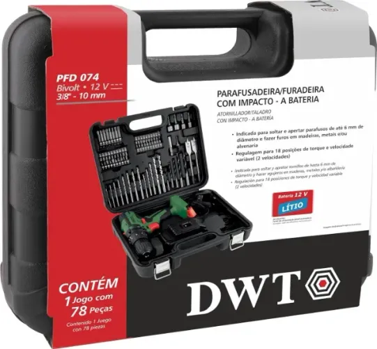Parafusadeira Furadeira 12V Profissional Dwt Vonder com Impacto + Maleta com 74 acessórios